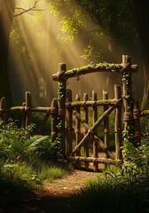 Enchanted forest gate with sunbeams filtering through foliage canopy