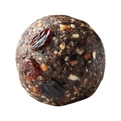 Close-up of a single energy ball with nuts and raisins