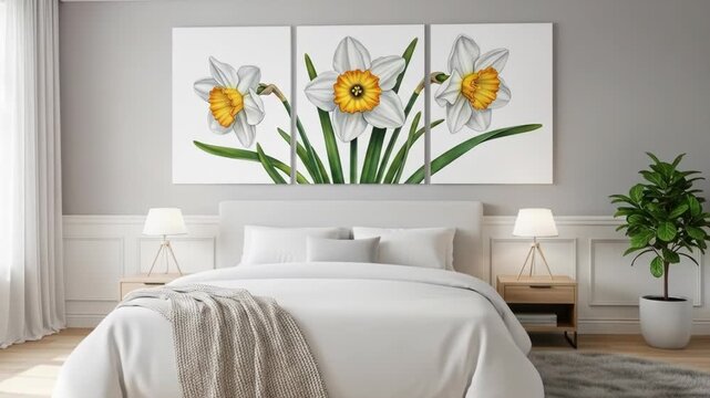 A tranquil bedroom showcases a triptych of daffodils above a bed with white linens and throw. Nightstands with lamps flank the bed, alongside a potted plant