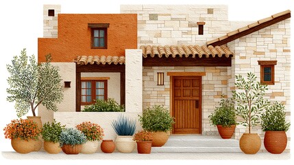 Obraz premium Vintage Illustration of a Desert Dwelling with Plants and Warm Earthy Tones
