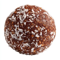 Sweet brown energy ball covered in white shredded coconut, healthy snack