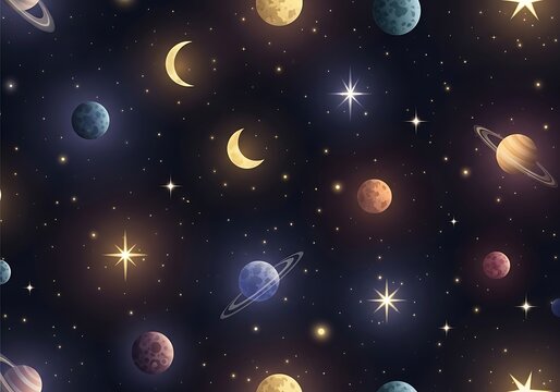 Fantasy celestial pattern showcasing planets moons and stars for cosmic themed designs