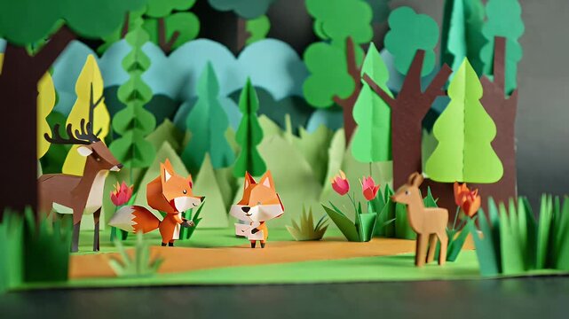 A Tranquil Forest Scene Featuring Deer and a Fox by a Riverbank