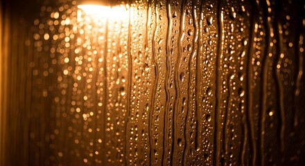 Golden rain drops glistening on glass with ethereal light effect