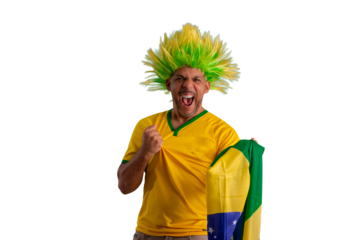 male fan wearing a yellow Brazilian football shirt and the Brazilian flag