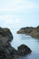 Layered rock formation with small patches of grass growing through its cracks, symbolizing the harmony and resilience of nature.