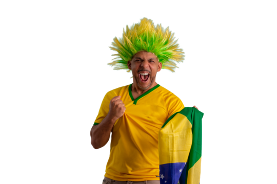 male fan wearing a yellow Brazilian football shirt and the Brazilian flag