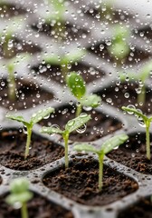 New Life Germination in Seed Tray with Water Droplets Reflection