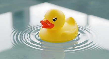 Yellow rubber duck floating amidst concentric water ripples in calm water