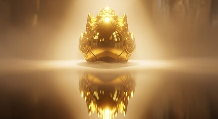 Ornate golden artifact reflecting on a polished surface within soft lighting