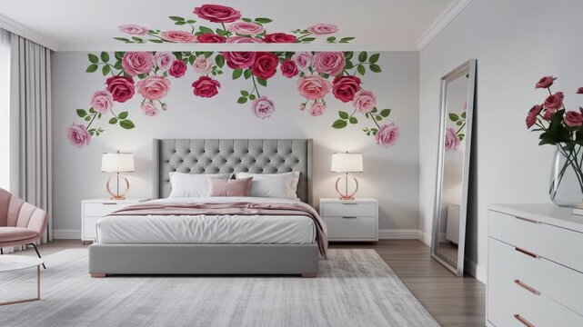 A serene bedroom features a gray tufted headboard, soft rose-toned accents, and a floral ceiling decal