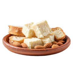 Pieces of halva with almonds in a clay bowl isolated on transparent background