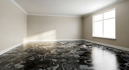 Reflective patterned floor in empty room with natural light from window
