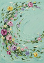 Textured floral arc on tranquil blue canvas, a blossom display artwork