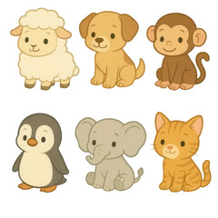 Fototapeta premium Cute Animal Characters Including Sheep, Dog, Monkey, Penguin, Elephant, and Cat