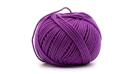 A close-up shot on a white background features a spherical ball of vibrant purple yarn, meticulously wound. The yarn has a slightly textured appearance