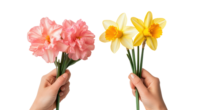 Two hands holding different types of flowers isolated on transparent background - Powered by Adobe
