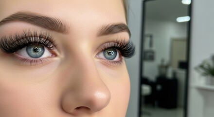 Close-up of striking blue eyes with dramatic, voluminous lash extensions