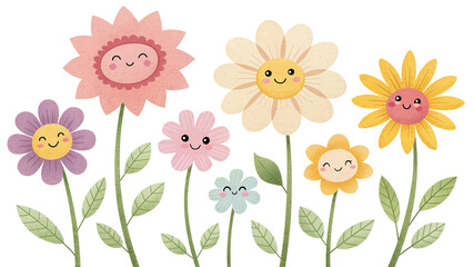 Happy Cartoon Flowers with Smiling Faces and Colorful Petals