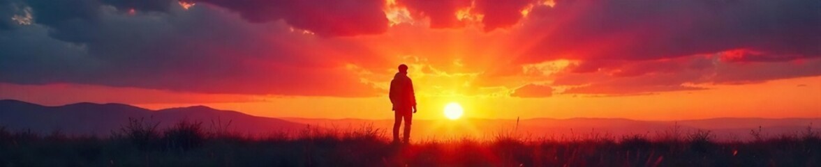 Fototapeta premium Silhouetted Figure at Sunset Contemplation and Solitude in Vast Nature