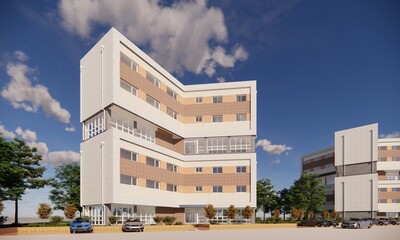 3D Rendering of modern office building for workers in the park with blue sky