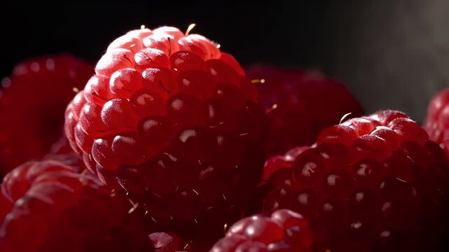 Close-up macro shot of ripe red raspberries with rich texture and glossy surfaces against a dark background, emphasizing intricate seeds and moisture