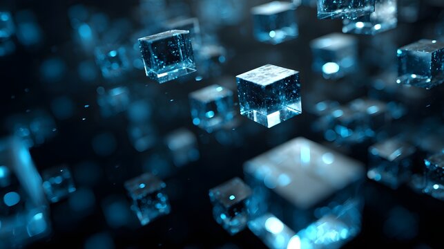 Glowing blue cubes float in dark space with bokeh effect. - Powered by Adobe