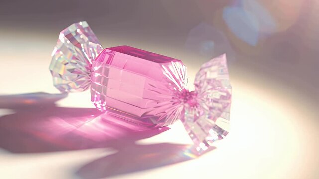 Close-up of a pink wrapped candy with crystal-clear twisted ends on a pastel surface under soft bokeh light