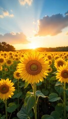 Obraz premium Golden Hour Sunflowers A Vibrant Field Bathed in Warm Light, Evoking Joy and the Beauty of Natures Abundance. Perfect for summer, nature, and happiness themes.