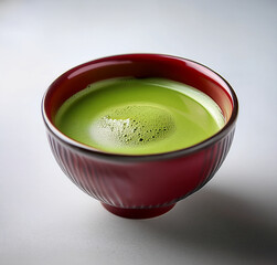 Traditional Japanese matcha green tea in dark red ceramic cup on white background. minimalist Japanese style, natural lighting. Generated image	
