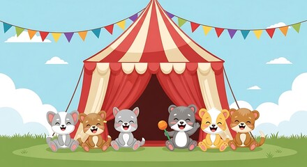 Obraz premium Adorable Cartoon Animals Gathered Outside a Festive Circus Tent.