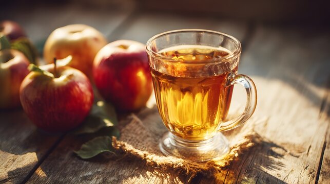 Warm cider in a glass with fresh apples and sunlight.