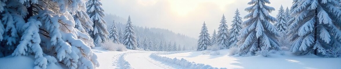 Naklejka premium Serene Winter Wonderland Snow Covered Trees in a Magical Blizzard Landscape