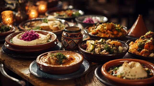 Diverse meal served in ceramic dishes on a wooden table.