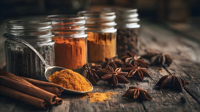 Various spices and herbs in jars and scattered on a wooden surface.