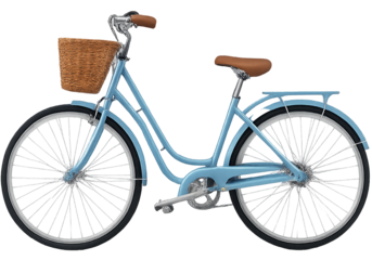 Isolated ladies light blue bicycle with wicker basket and brown saddle vintage bicycle