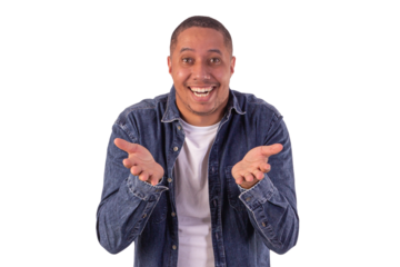 Young adult man wearing a blue denim jacket, with a white shirt in studio shots with a pink background and making various facial expressions showing various feelings