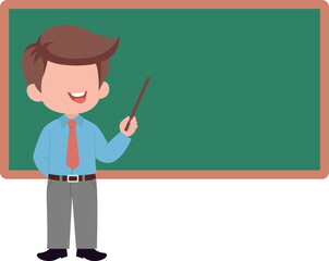 Cartoon Teacher with Pointer in Front of Chalkboard