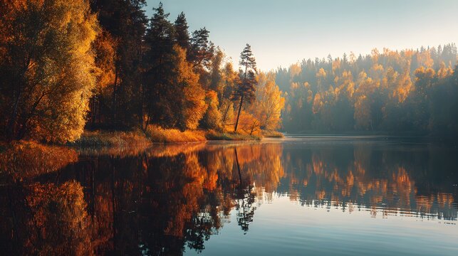Golden autumn trees line a calm lake with mirrored reflections.