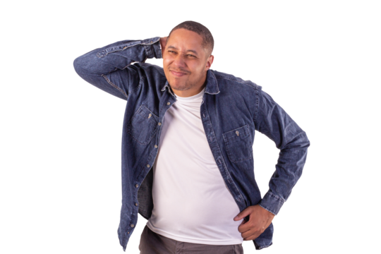 Young adult man wearing a blue denim jacket, with a white shirt in studio shots with a pink background and making various facial expressions showing various feelings