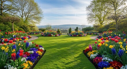 Obraz premium Vibrant flowerbeds frame a lush lawn, leading to a scenic vista under a bright sky