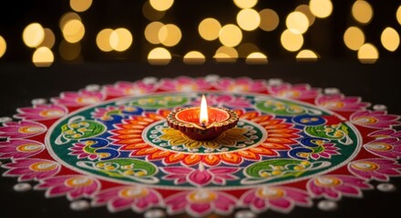 A lit oil lamp sits atop a vibrant, circular floor art design. Glowing bokeh lights add depth, creating a warm, festive atmosphere