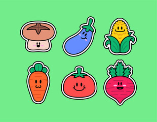 Set of icon cute smiling vegetables including mushroom, eggplant, corn, carrot, tomato, and beetroot vector cartoon mascot illustration, for food, organic, farming, healthy lifestyle