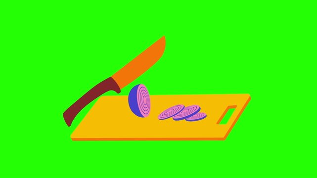 Slicing onion on chopping board animation 