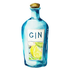 Watercolor blue gin bottle isolated on transparent background.