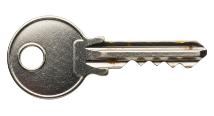 Round head silver metal key with cut teeth isolated on transparent background