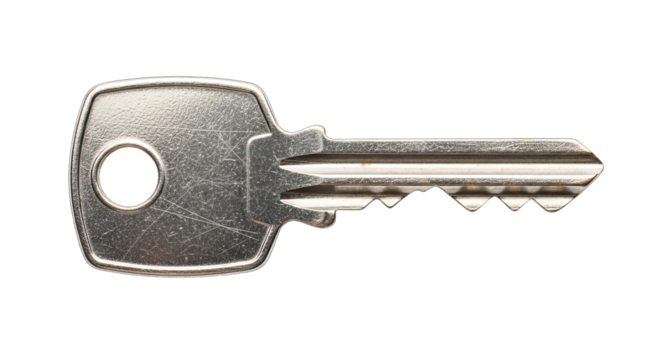 Silver metal key with a circular head isolated on transparent background