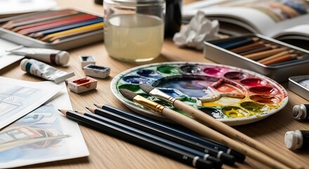 Obraz premium Artistic Workspace with Paint Palette, Brushes, and Sketching Supplies.