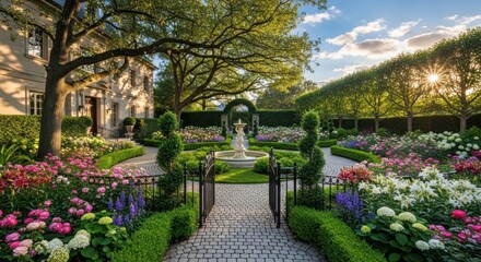 Obraz premium Elegant estate garden with fountain, manicured topiaries, blooming flowers, and sunlit pathways