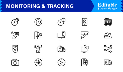 Monitoring And Tracking Solution icon collection. Unique And Minimal Line Icon Pack with Editable, Pixel-Perfect Design